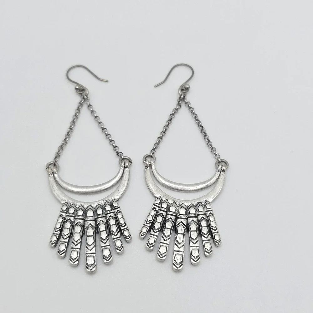 New!‎ LUCKY BRAND Fringe Earrings Etched Silver Tone Dangle Drop 3